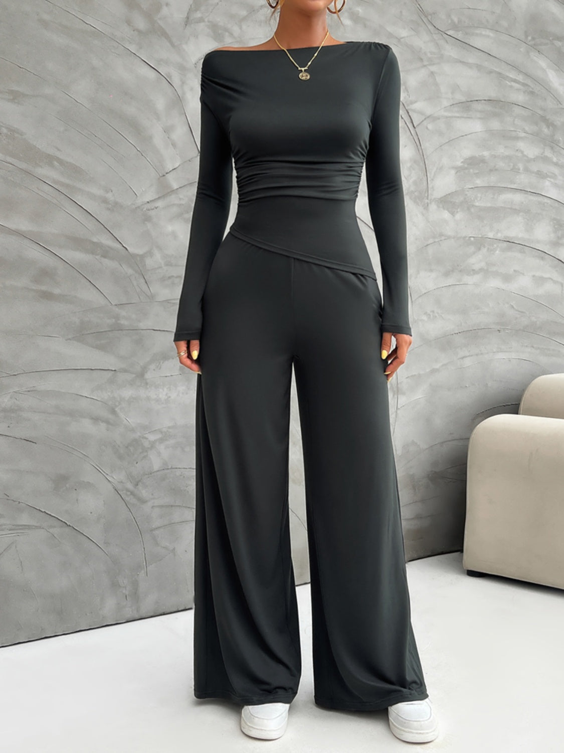 Long Sleeve Top and Wide Leg Pants Set (cream/black/burgundy/gray)-SMALL-XL