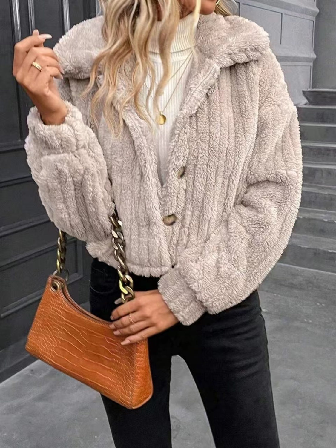 Button Up Long Sleeve Fuzzy Jacket -SMALL-XL