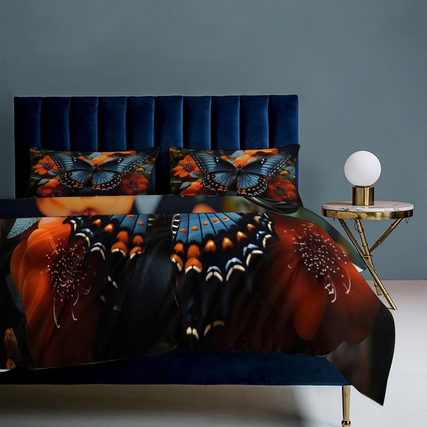 3-Piece Bedding Set-90"x90"/ 229x229cm (Dual-sided Printing)-BLUE BUTTERFLY