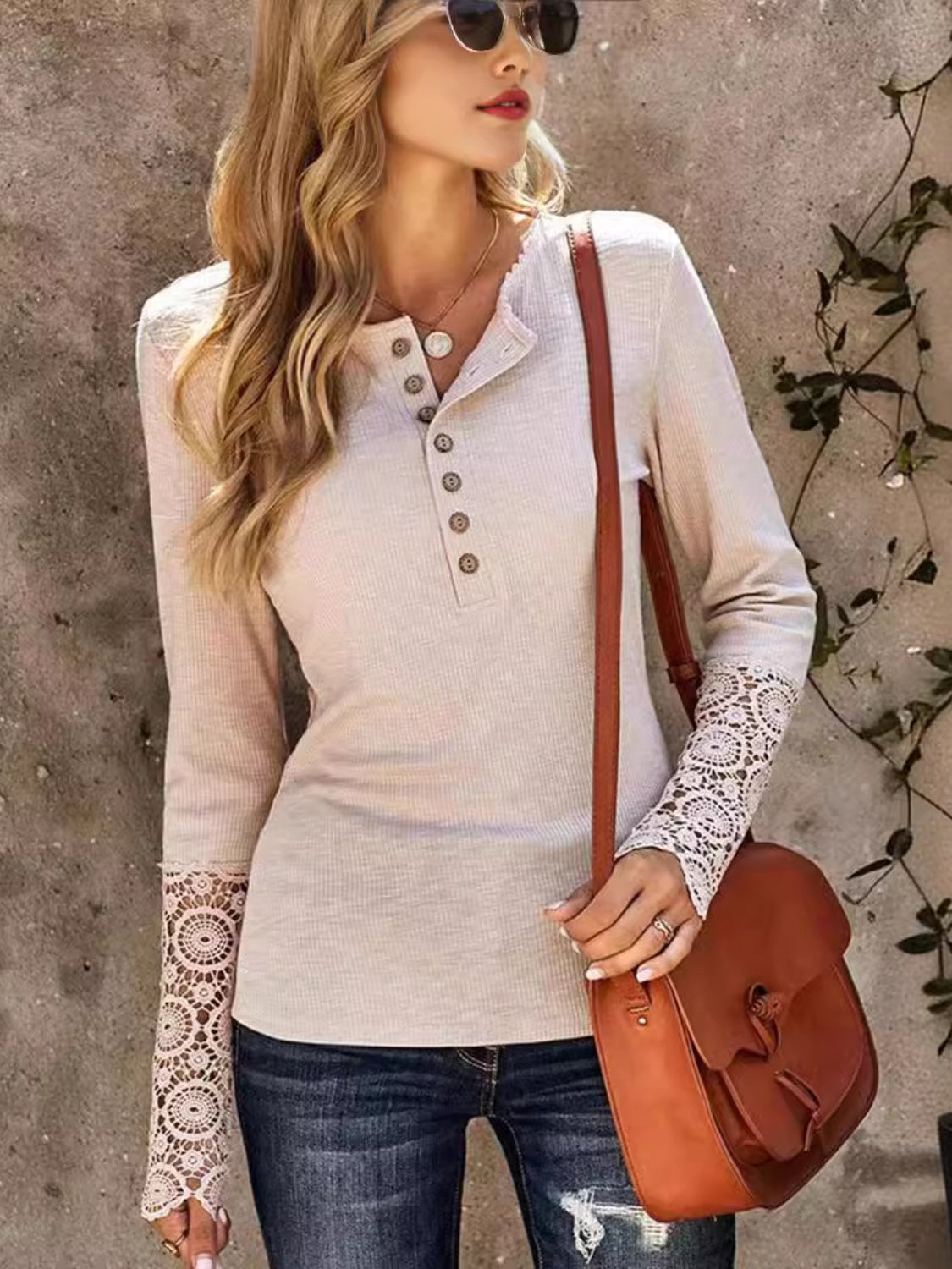 Lace Detail Half Button Round Neck Long Sleeve Shirt-S-2XL