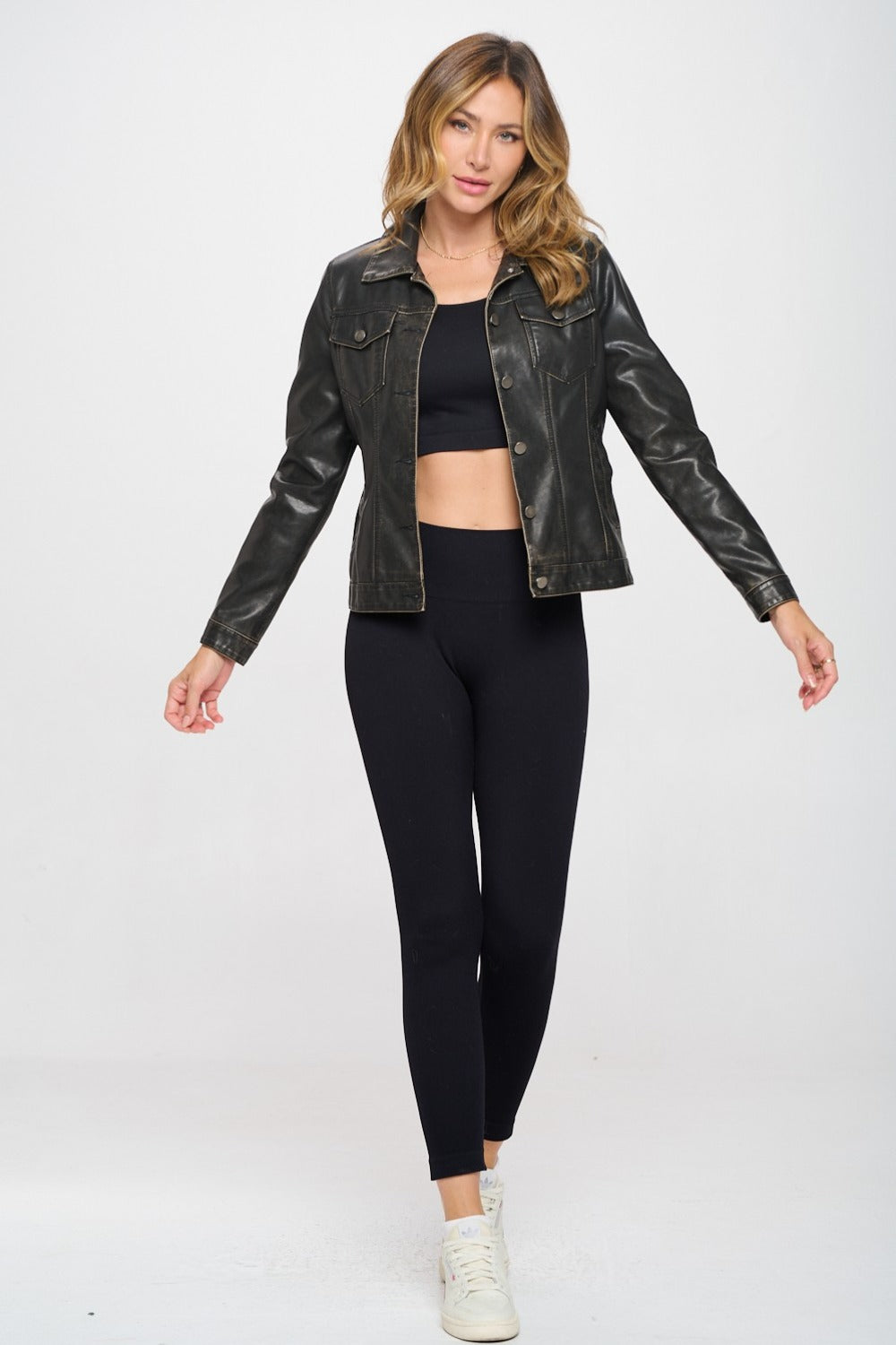 Button Down Cargo Vegan Leather Jacket-S/M/L