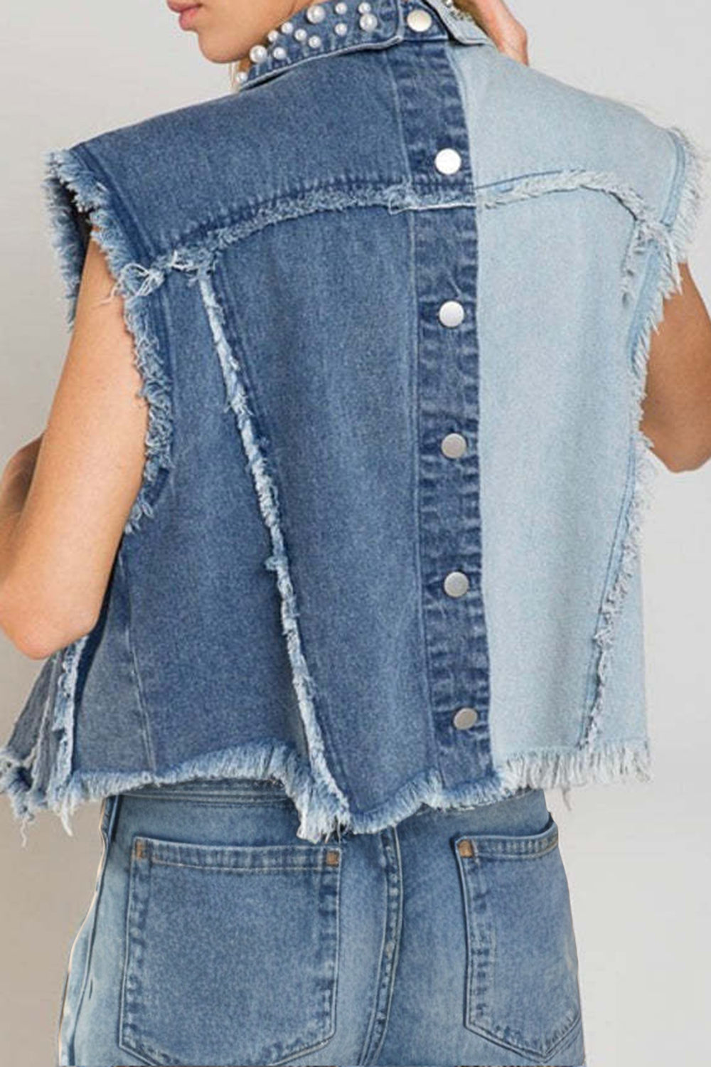 Pearl Raw Hem Sleeveless Denim Jacket-small-XL