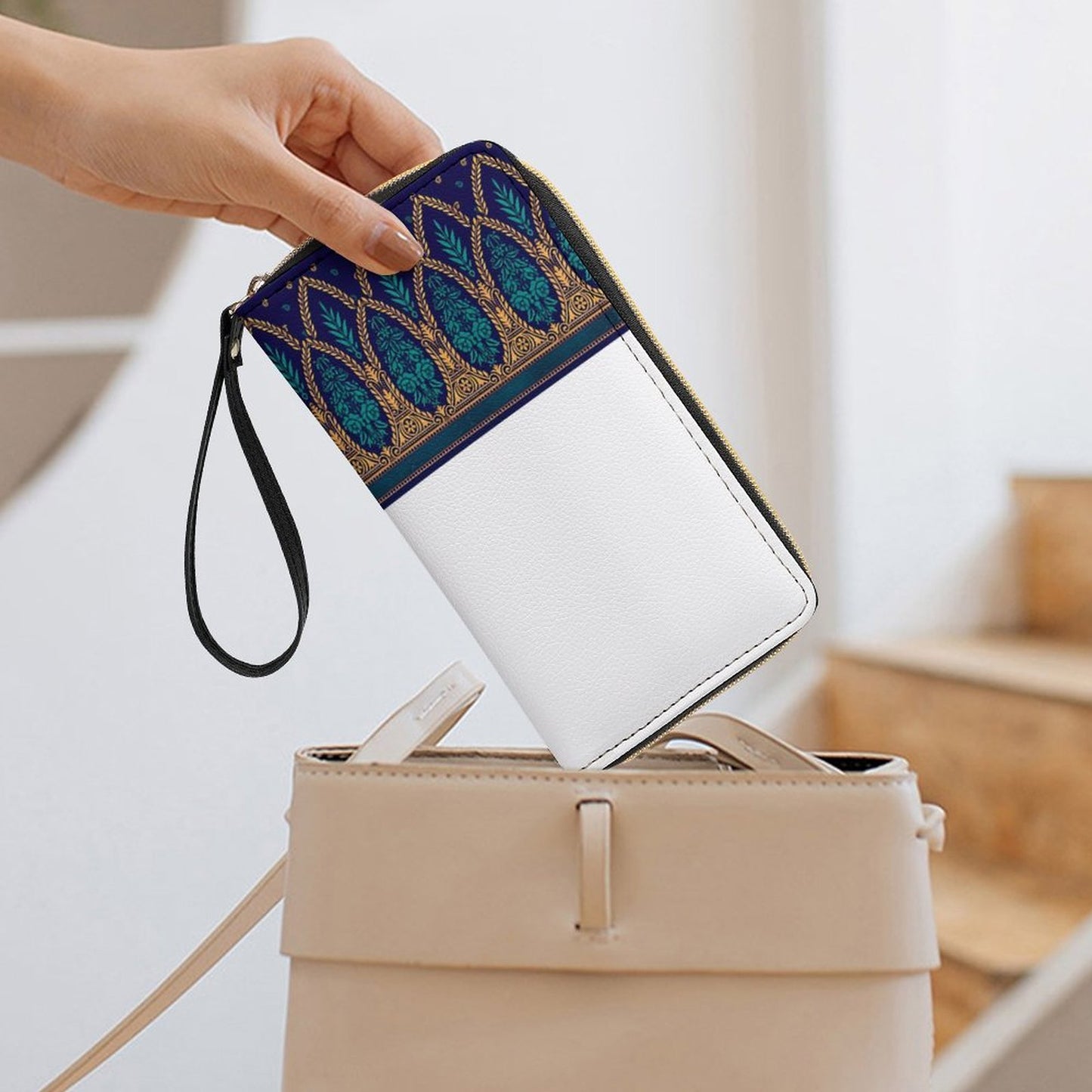 Leather Wallet with Wristlet Strap (2 Pictures on 2 Sides)