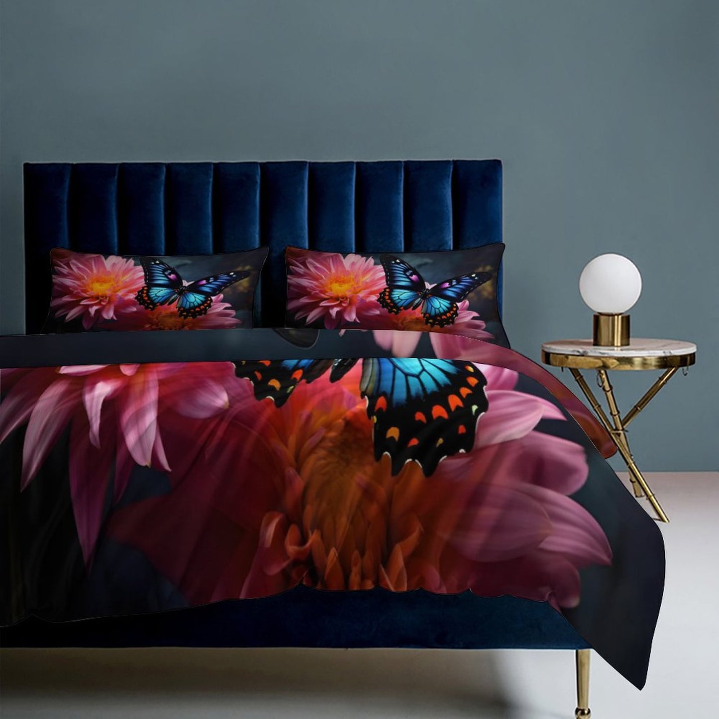 BLUE BUTTERFLY 3-Piece Bedding Set-102"x90"/ 259x229cm KING SIZE (Dual-sided Printing)