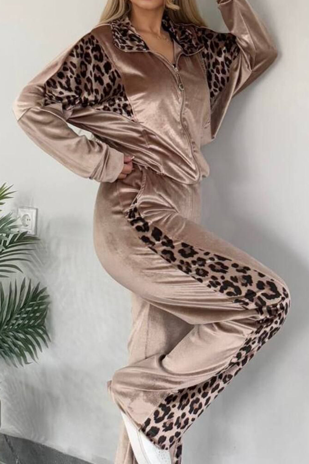Full Size Collared Neck Leopard Zip Up Top and Pants Set Plus Size (grey/black/camel)-SMALL-3XL