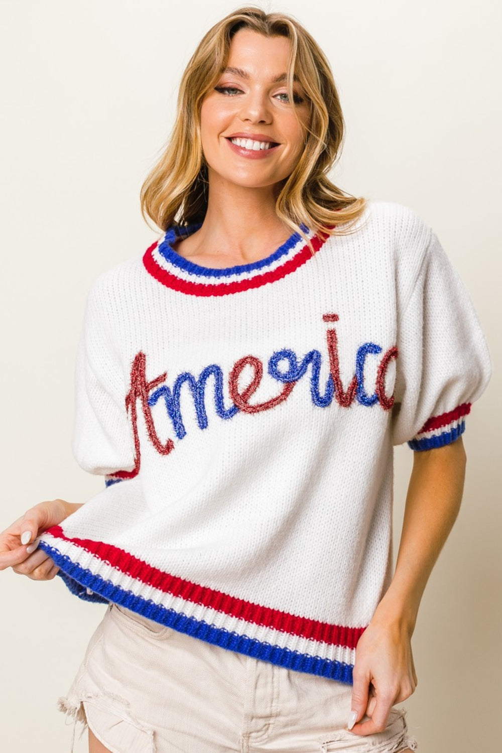 BiBi Metallic America Letter Short Sleeve Sweater-SMALL-XL