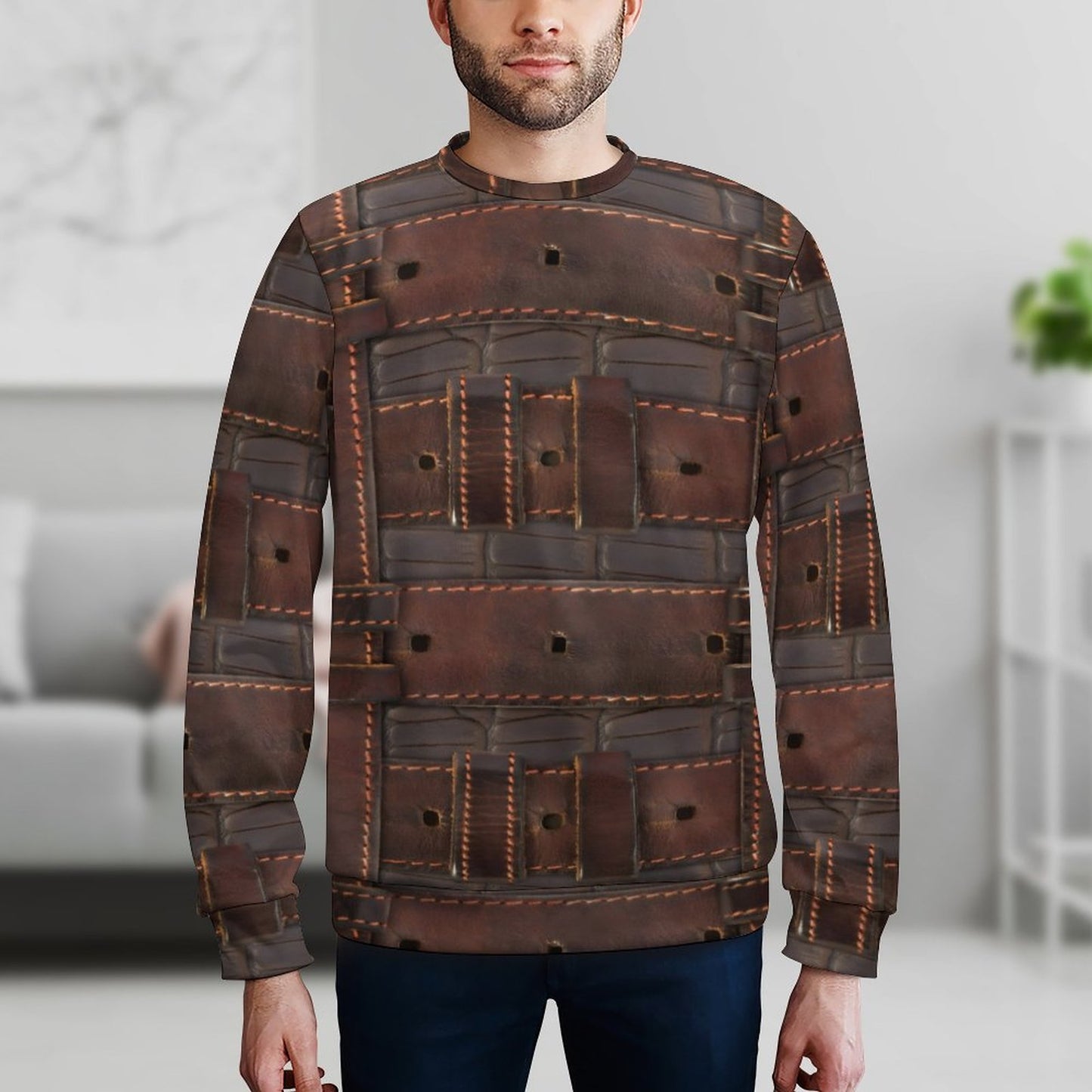 RUGGED LEATHER BUCKLE Print Round Neck Men's Sweatshirt-SMALL-5XL