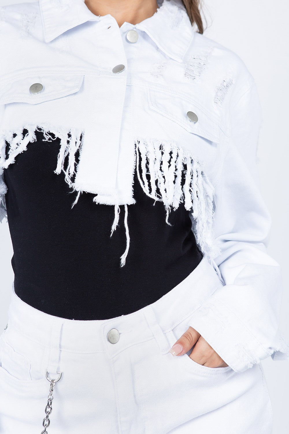 American Bazi Distressed Denim Jacket with Frayed Hem-S/M/L