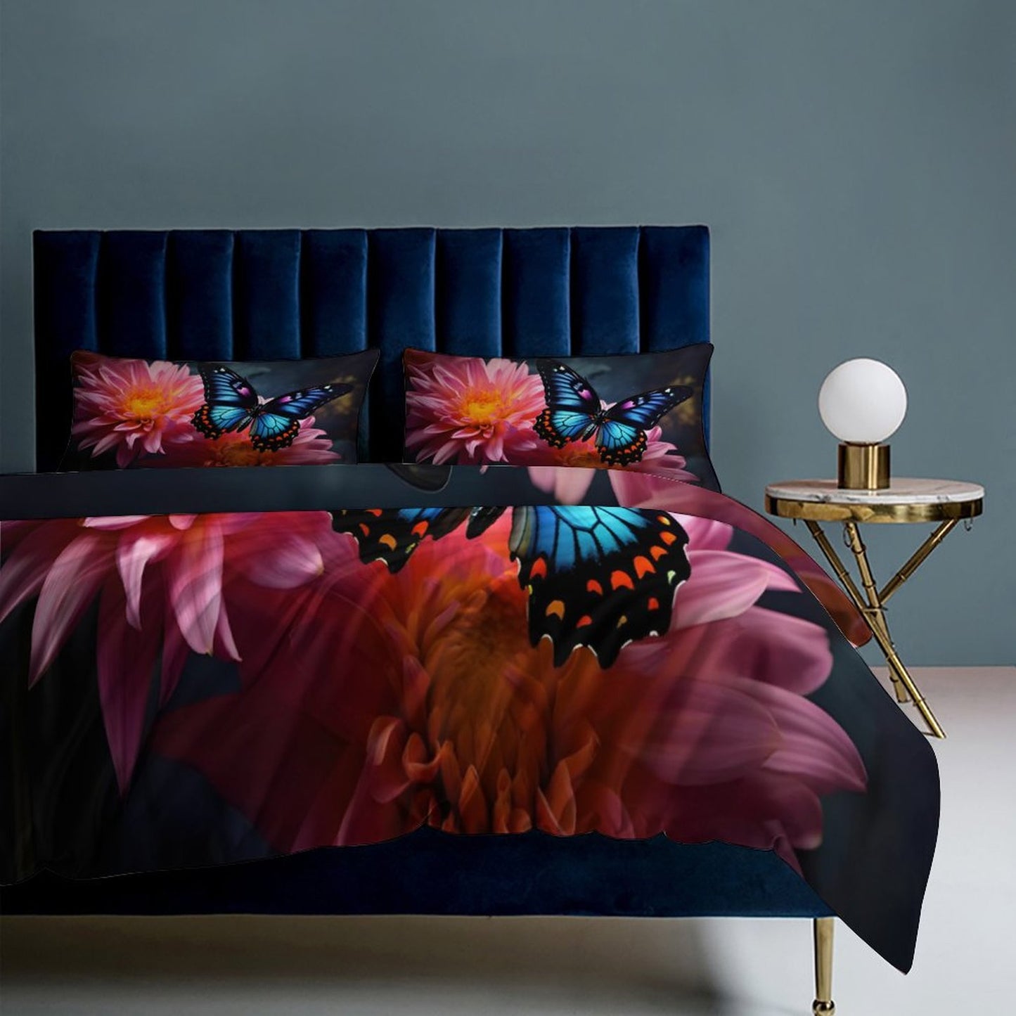 BLUE BUTERFLY 3-Piece Bedding Set-90"x90"/ 229x229cm QUEEN SIZE (Dual-sided Printing)