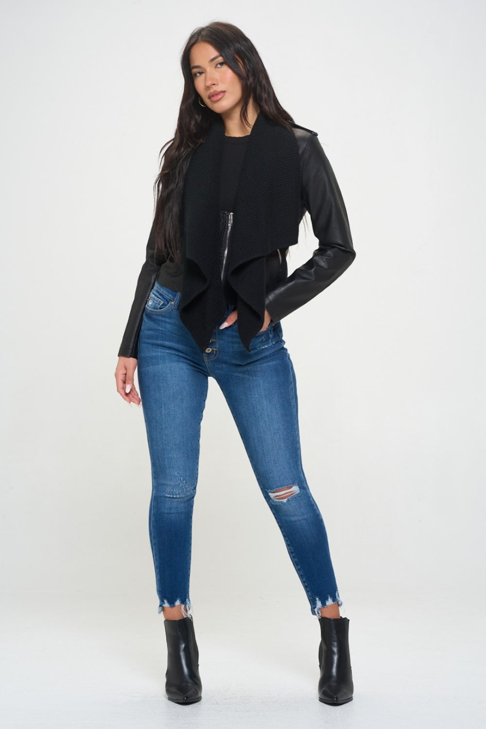 Knit Collared Vegan Leather Crop Jacket-SMALL-XL