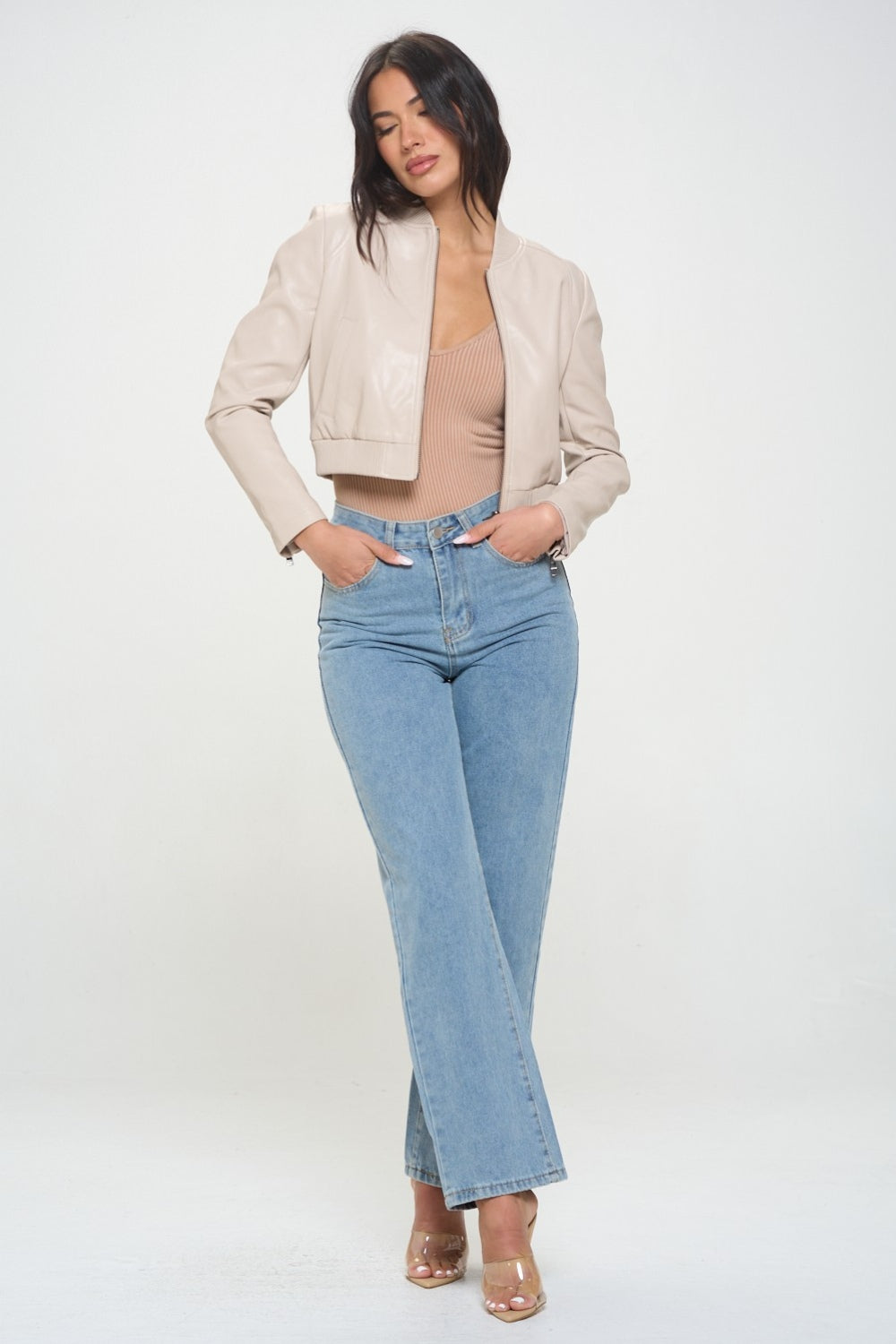 Coalition LA Zip Up Cropped Bomber Vegan Leather Jacket-S-XL