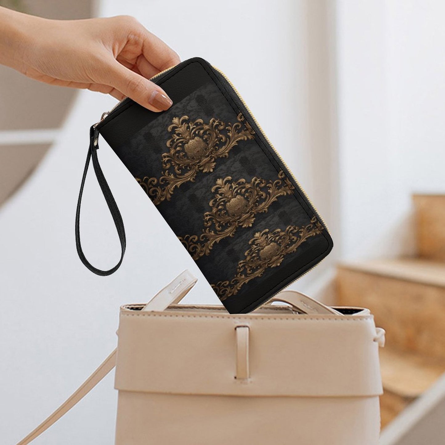 Leather Wallet with Wristlet Strap (2 Pictures on 2 Sides)