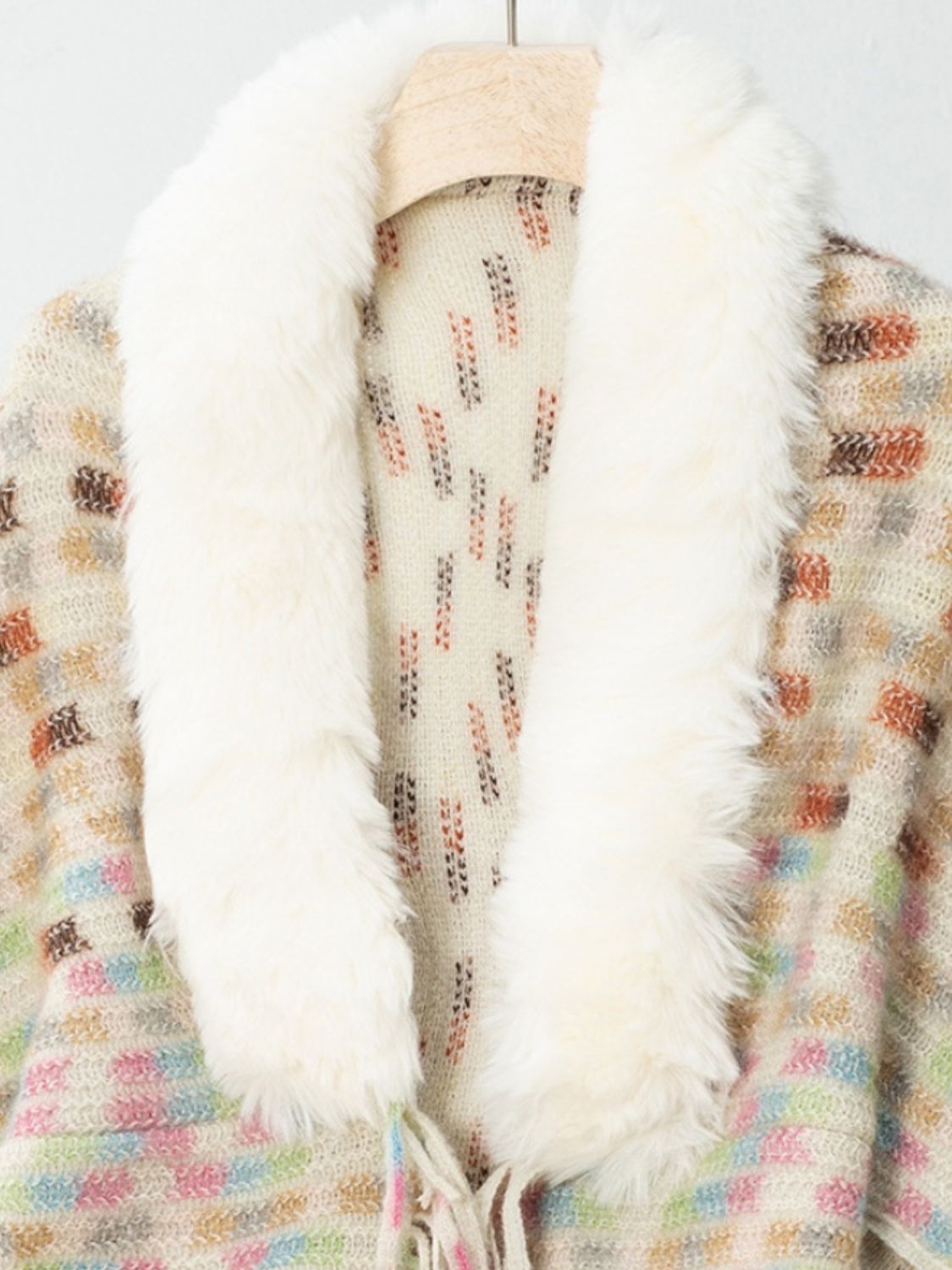 Fringe Fuzzy Open Front Poncho (cream/pink/brown/blue/khaki) ONE SIZE