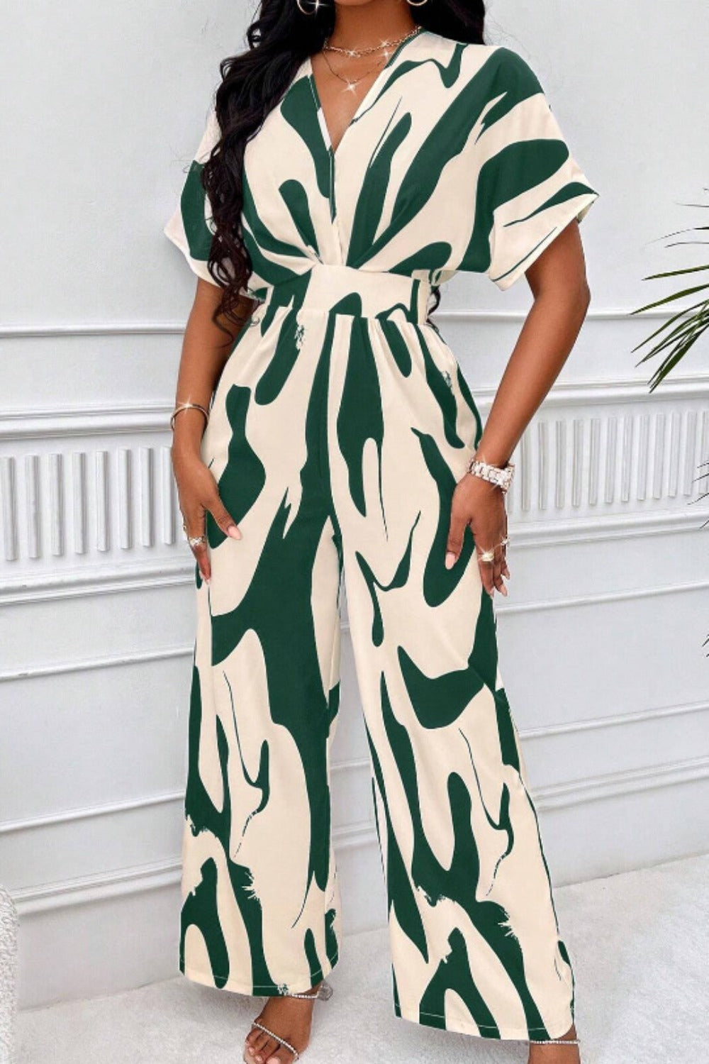 Printed V-Neck Short Sleeve Wide Leg Jumpsuit (black/orange/brown/green)-SMALL-2XL