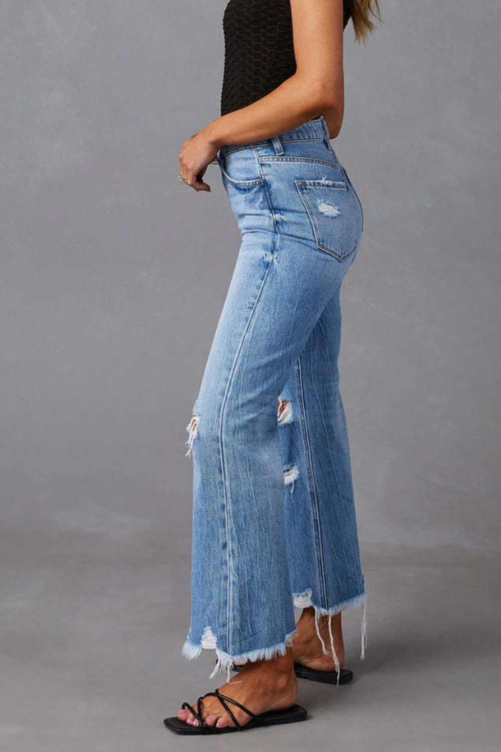 Distressed Raw Hem Jeans with Pockets-SMALL-2XL