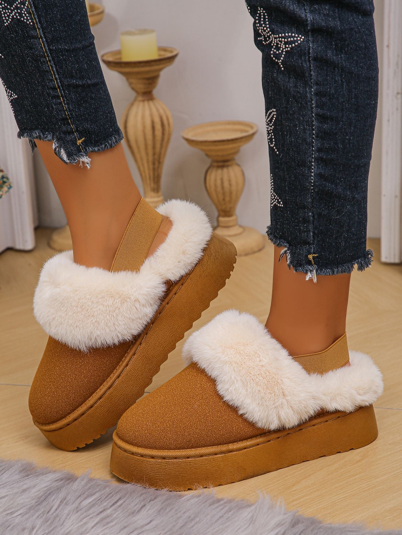 Faux Fur Round Toe Platform Slippers (beige/black/caramel)