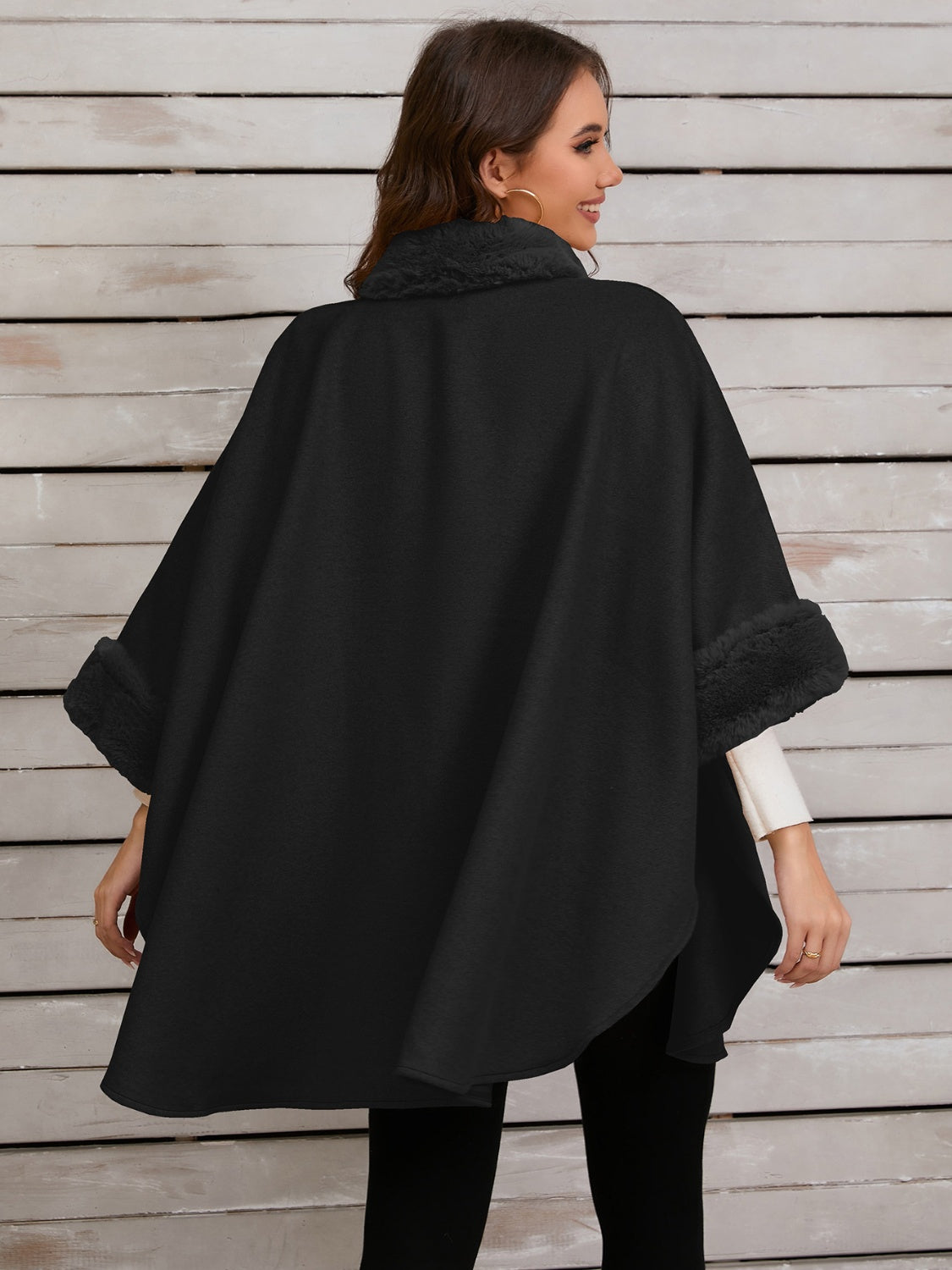 Fuzzy Trim Long Sleeve Poncho (tan/grey/black)