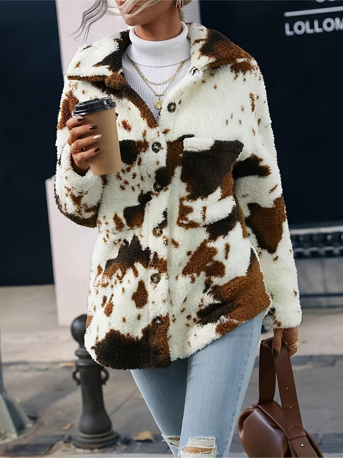 Cow Print Collared Neck Button Up Faux Fur Jacket (WHITE & BLACK/*IVORY & BLACK) -SMALL-XL