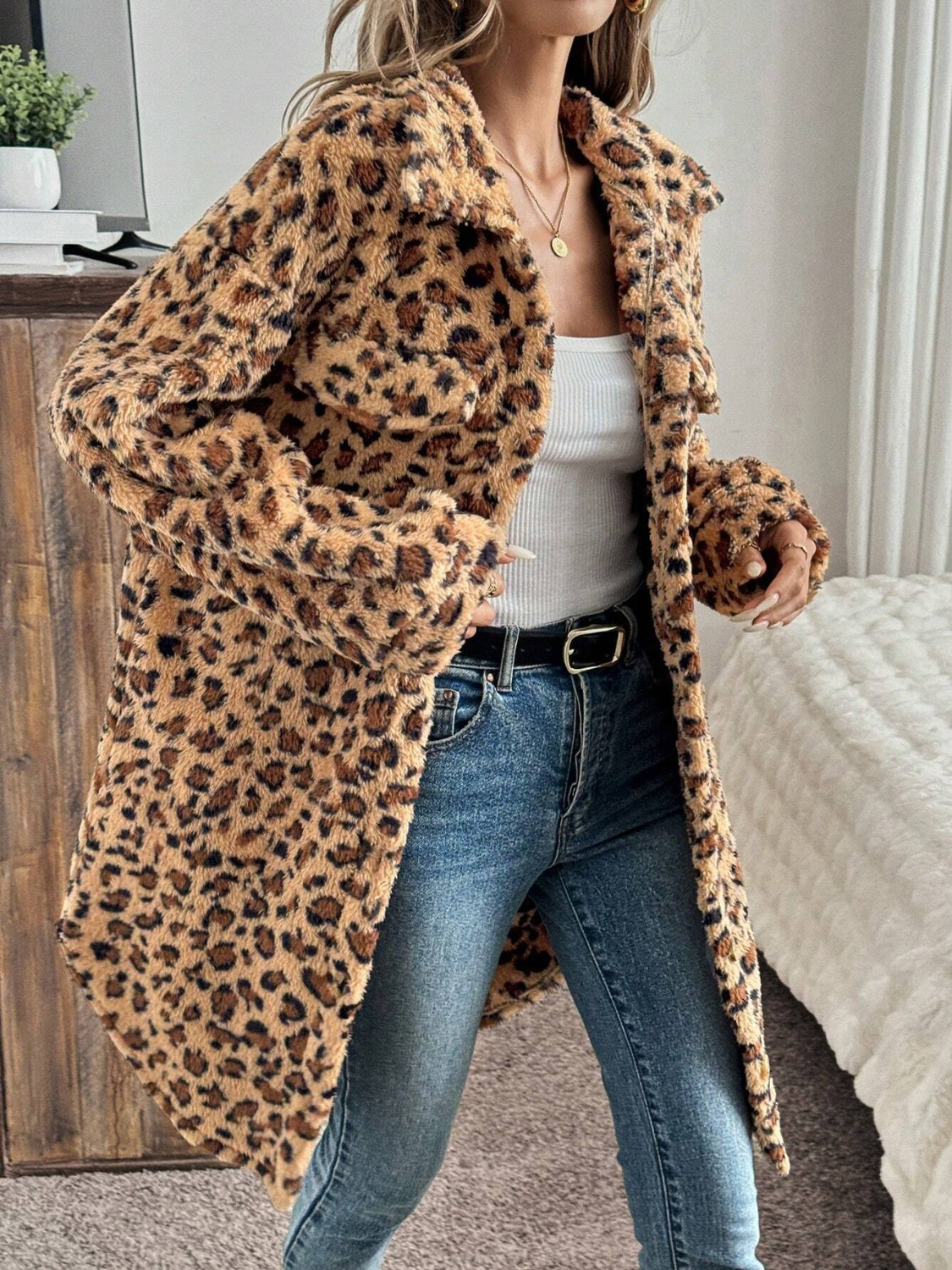 Leopard Furry Button Up Long Sleeve Full Coat-SMALL-XL