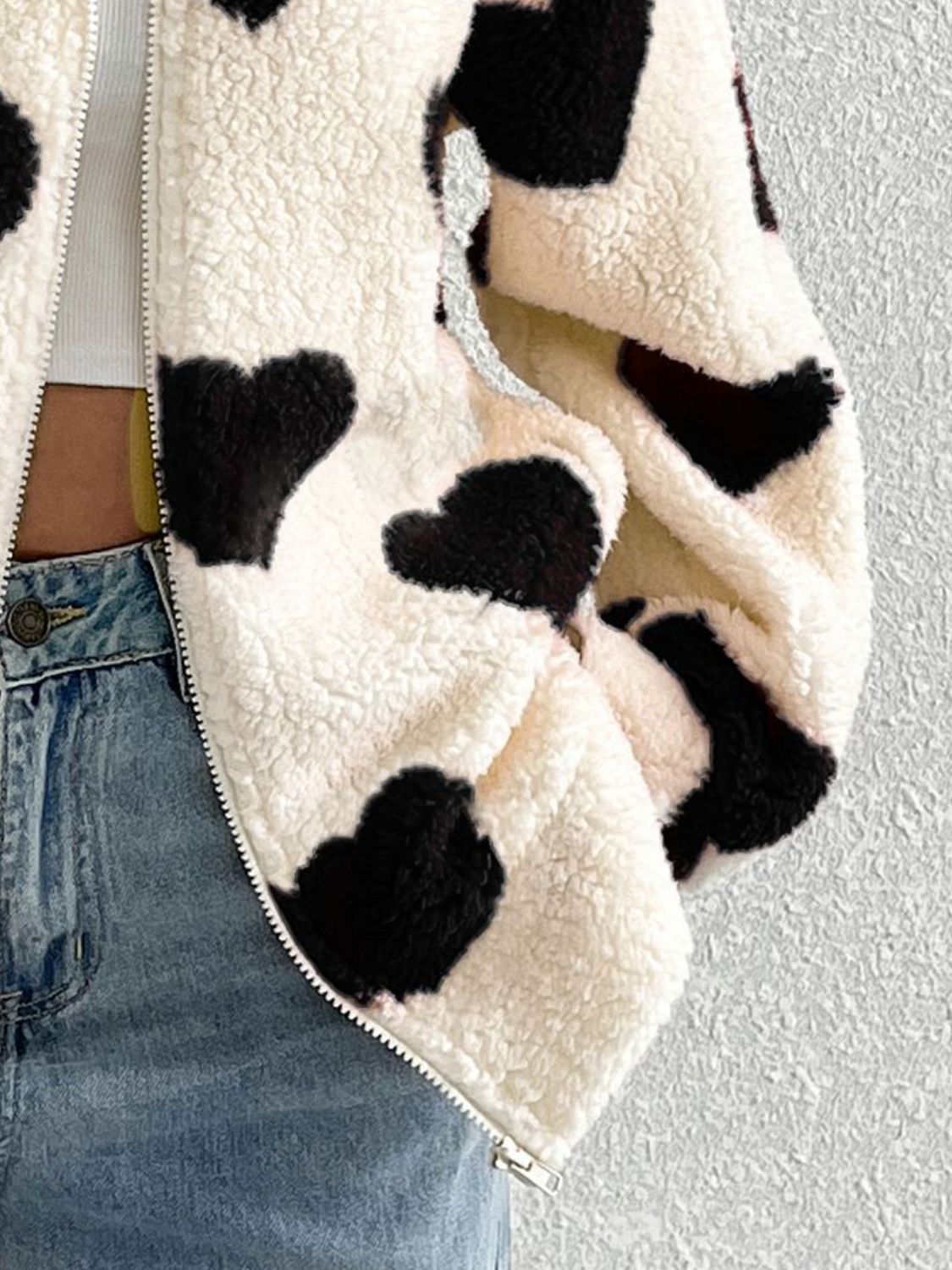 Heart Zip Up Drop Shoulder Furry Jacket (red/brown/black)-SMALL-2XL