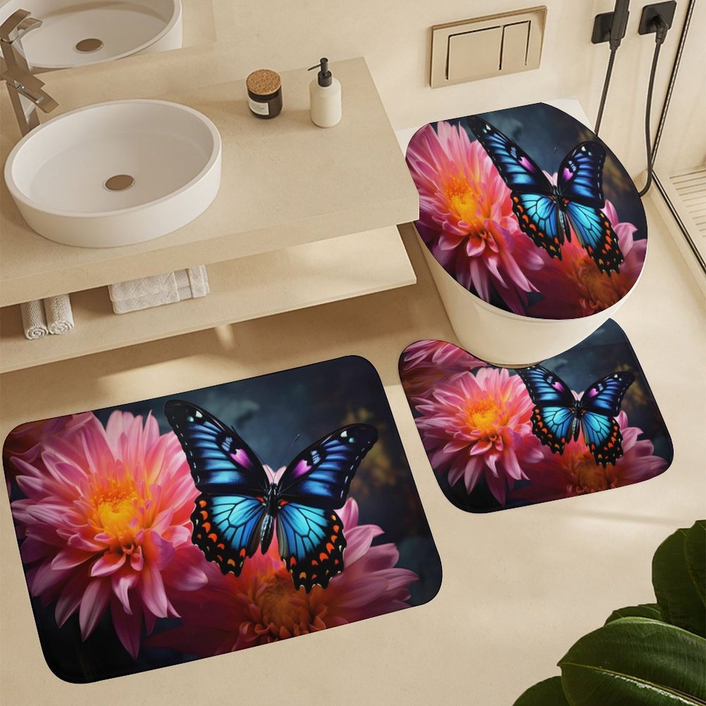 BLUE BUTTERFLY Shower Curtain Set with 3 Rugs