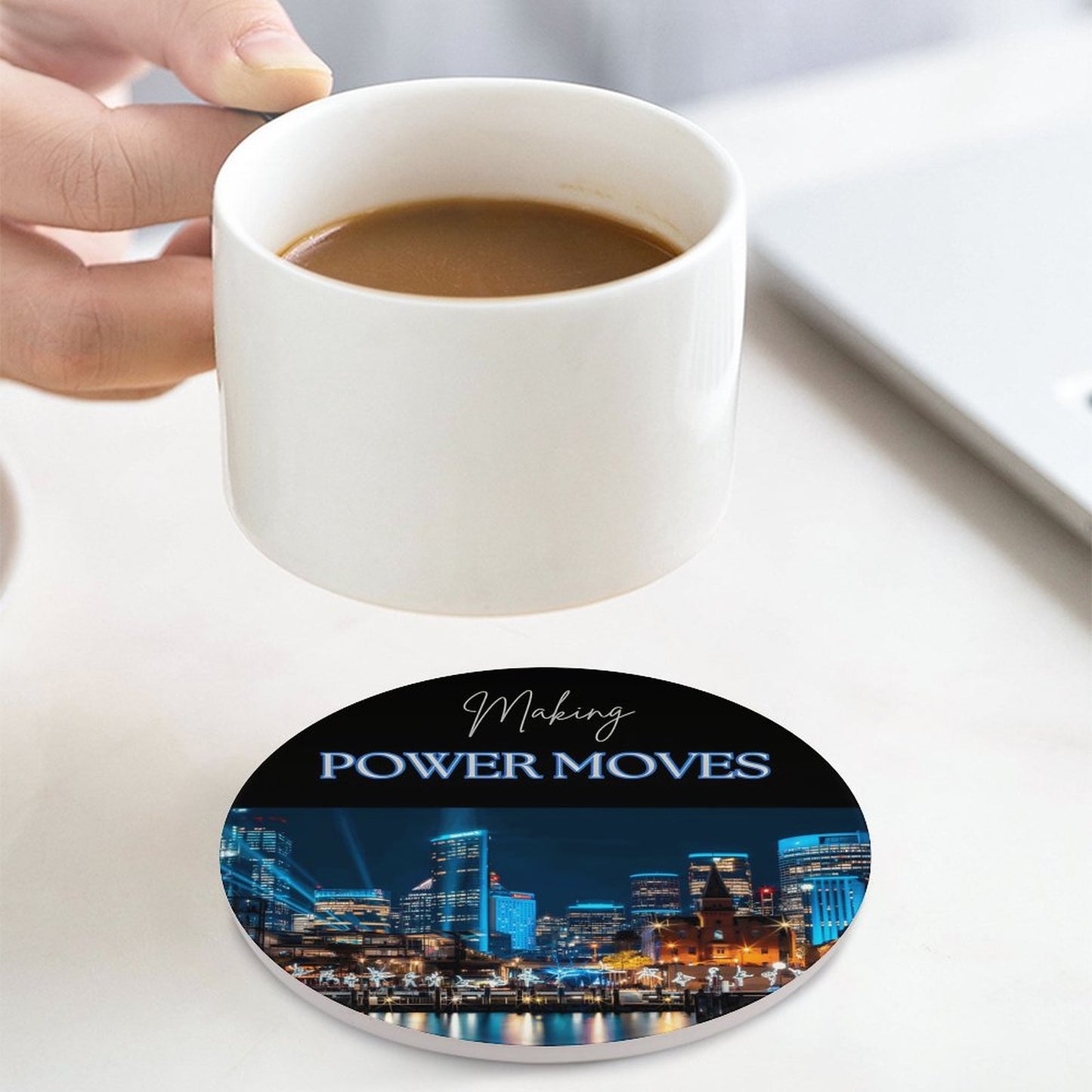 MAKING POWER MOVES Round Ceramic Coaster