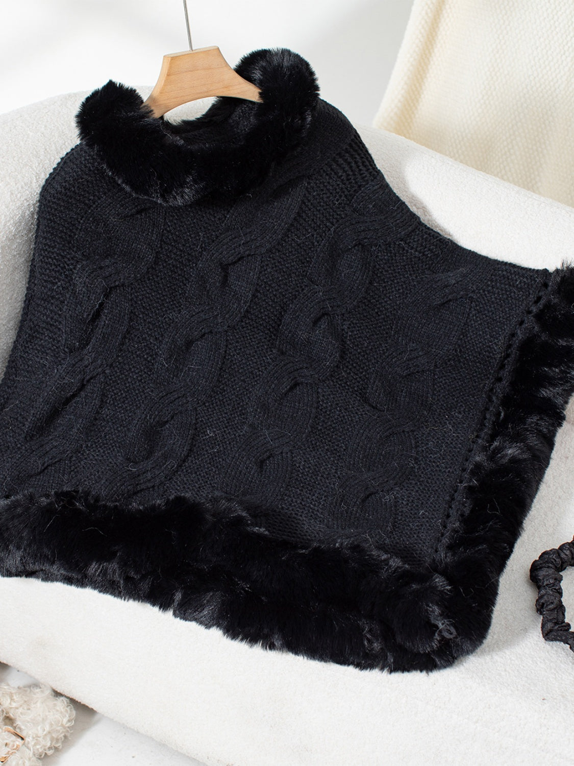 Fuzzy Hem Cable-Knit Poncho (mocha/gold/pink/eggshell/grey/black)