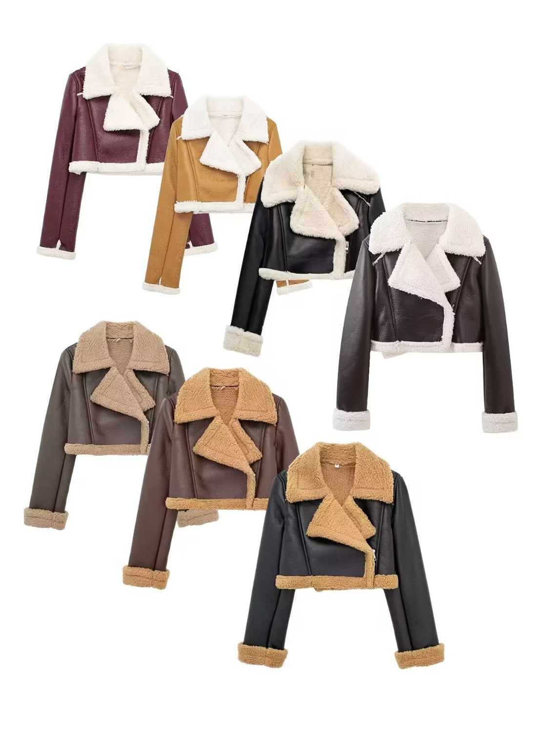 Collared Neck Long Sleeve Plush Cropped Leather Jacket (chocolate & white/black & white/mustard & white/black & reddish brown/brown & reddish brown/coffee brown/burgundy)-SMALL-LARGE