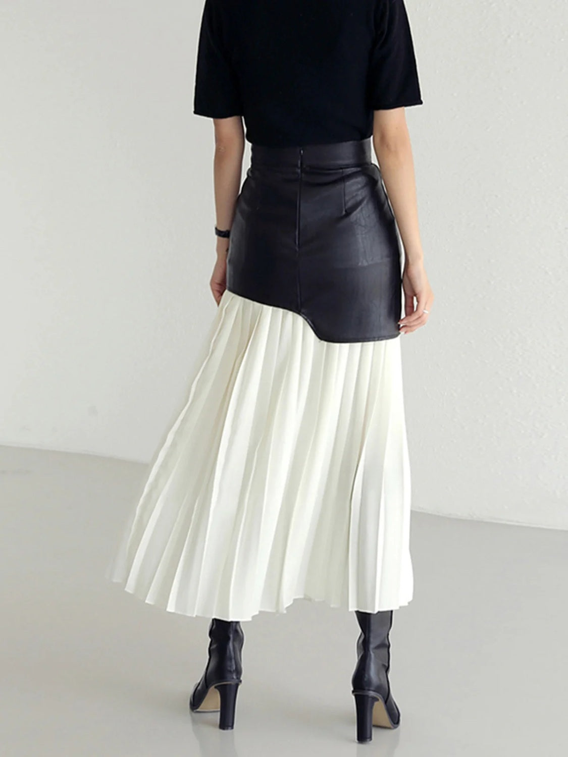 ON SALE:::: PU Leather/Polyester Pleated Contrast High Rise Skirt-SMALL-2XL