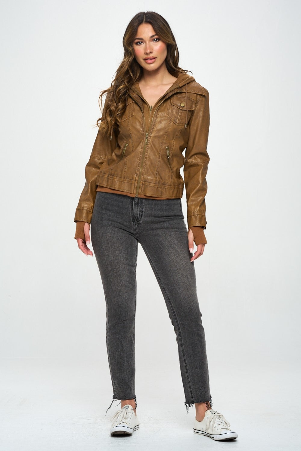 Coalition LA Double Zip Hooded Long Sleeve Vegan Leather Jacket-S-XL