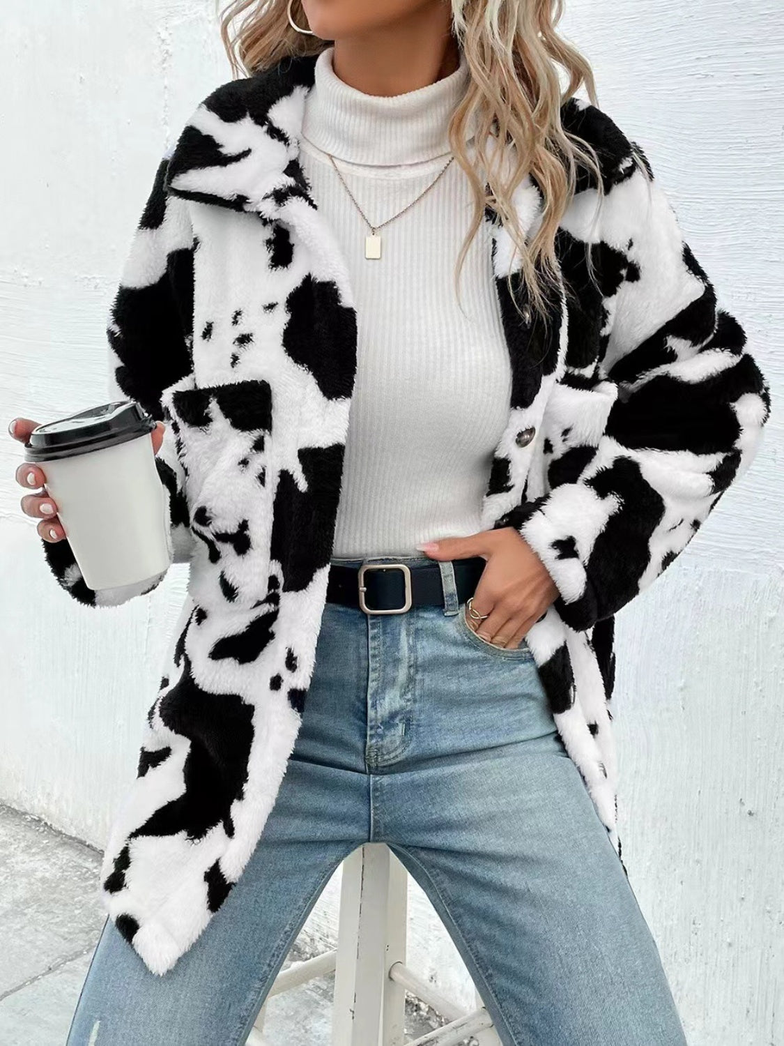 Cow Print Collared Neck Button Up Fuzzy Jacket (white and ivory)-SMALL-XL