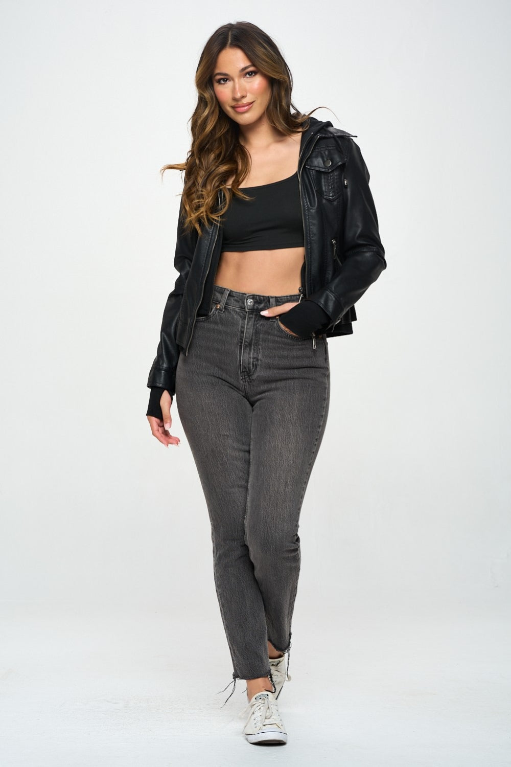 Double Zip Hooded Long Sleeve Vegan Leather Jacket-S-XL
