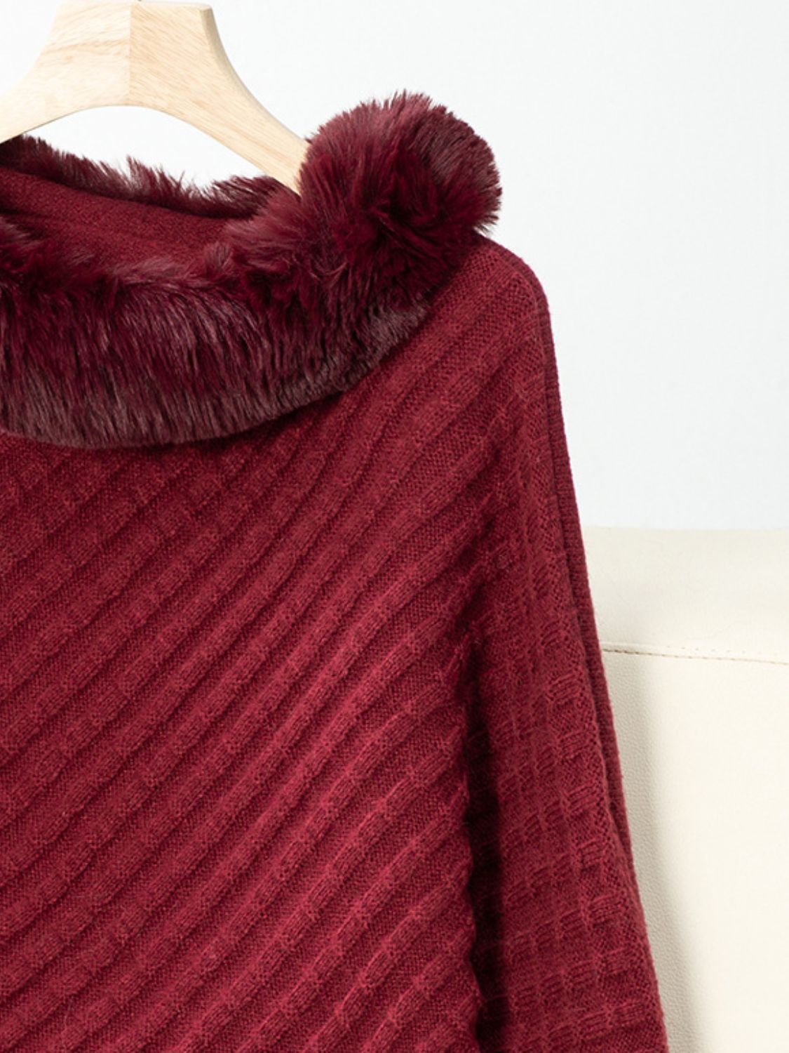 Fuzzy Trim Texture Three-Quarter Sleeve Poncho (beige/camel/grey/brown/black/burgundy)