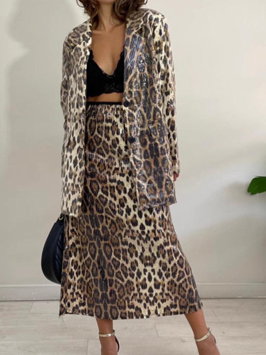 Leopard Lapel Collar Long Sleeve Longline Blazer-SMALL-XL