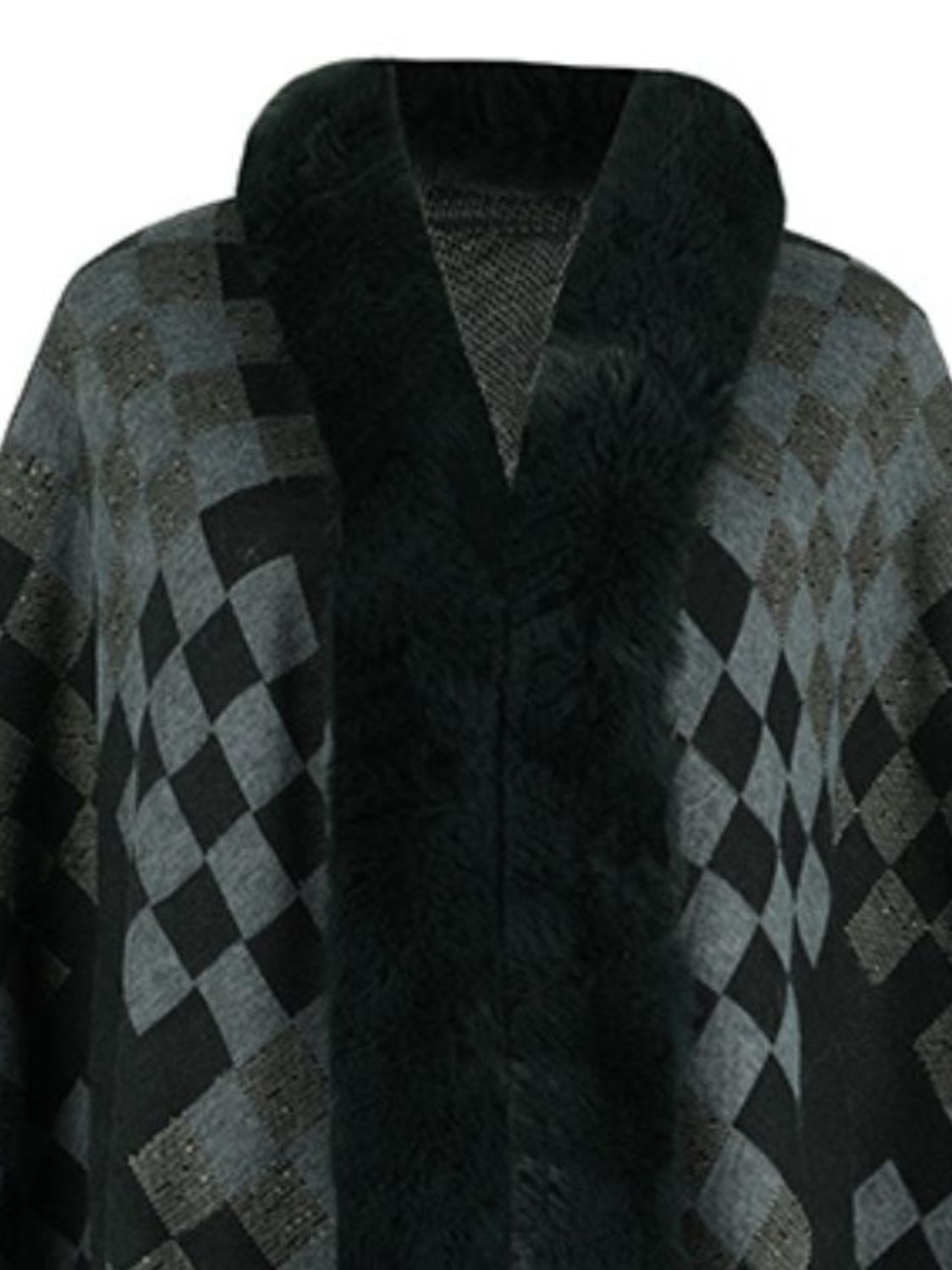 Fuzzy Checkered Long Sleeve Poncho (beige/tan/pink/navy/black)