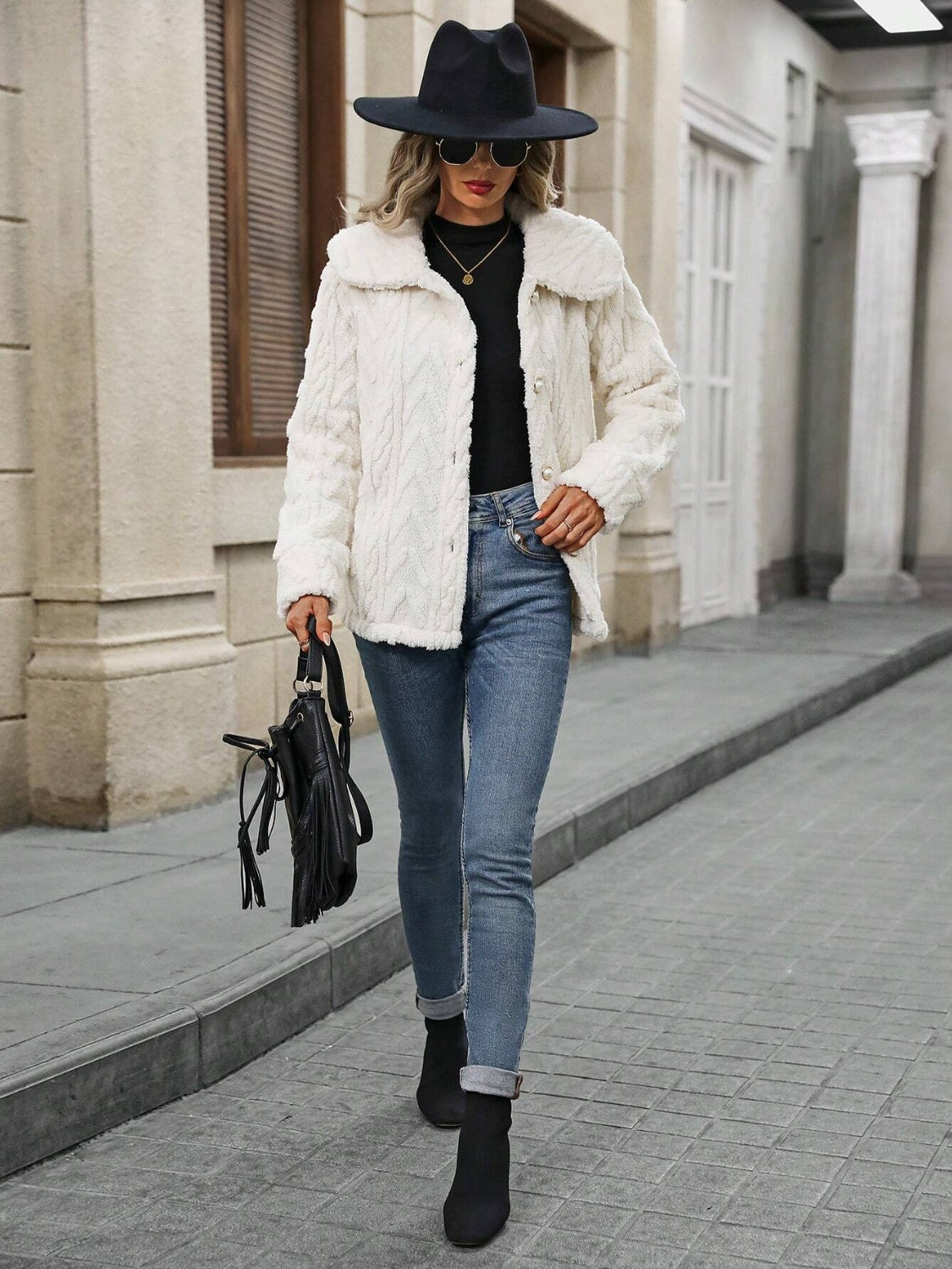Fuzzy Texture Button Up Collared Neck Coat-SMALL-XL