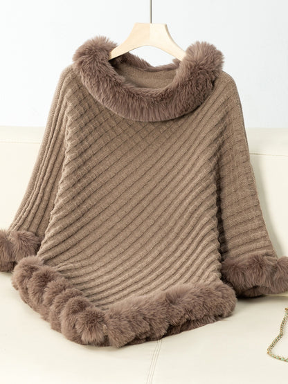 Fuzzy Trim Texture Three-Quarter Sleeve Poncho (beige/camel/grey/brown/black/burgundy)