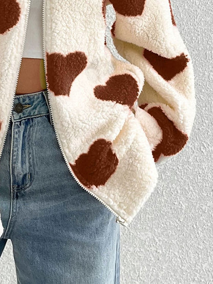 Heart Zip Up Drop Shoulder Furry Jacket (red/brown/black)-SMALL-2XL