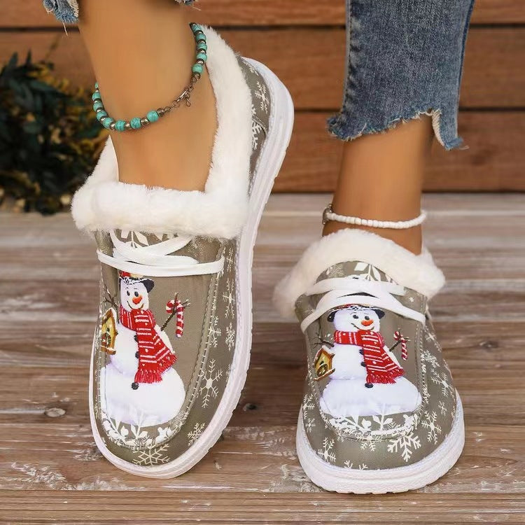Snowman Print Round Toe Slip-On Loafers (khaki/light blue)