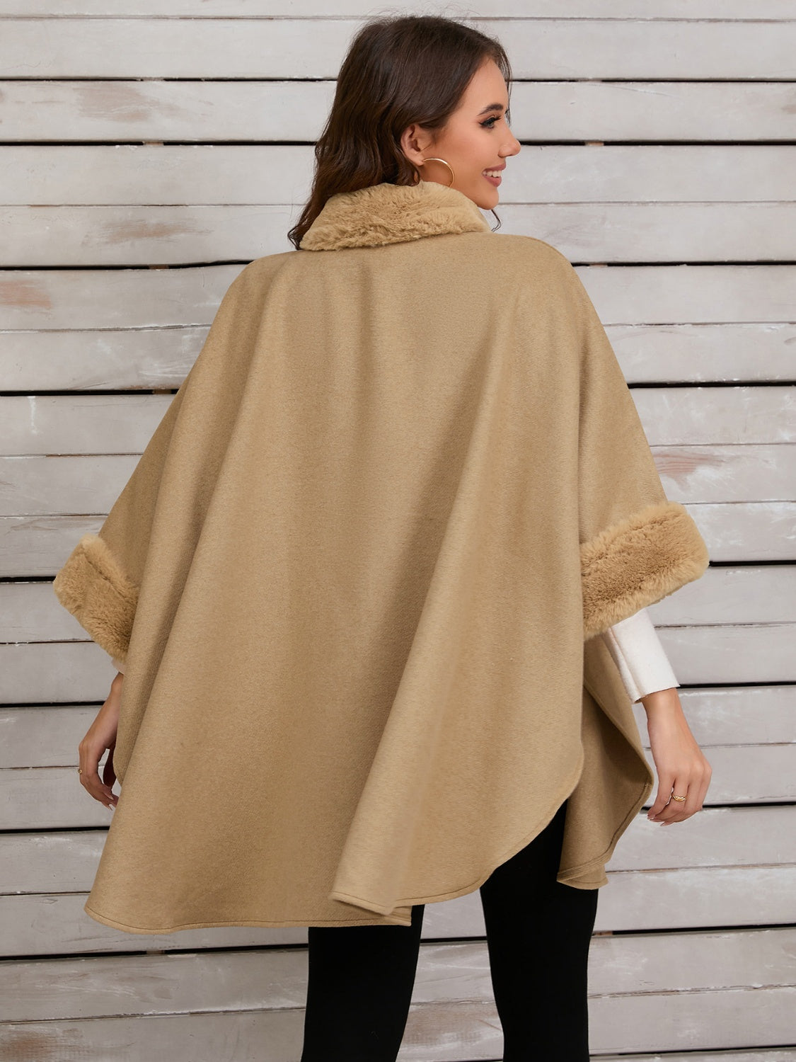 Fuzzy Trim Long Sleeve Poncho (tan/grey/black)