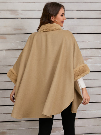 Fuzzy Trim Long Sleeve Poncho (tan/grey/black)