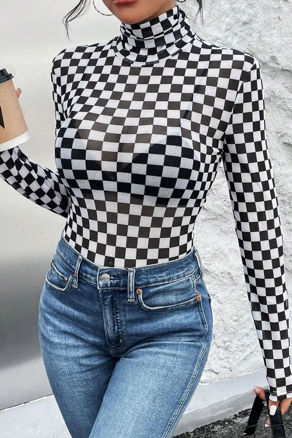 Checkered Turtleneck Long Sleeve Bodysuit (black/dark brown)-SMALL-XL