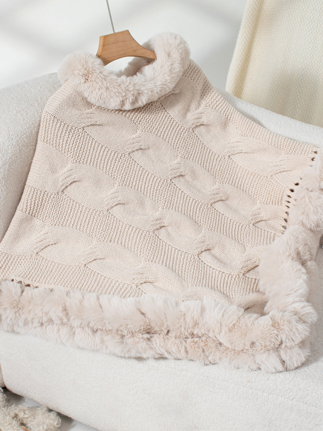 Fuzzy Hem Cable-Knit Poncho (mocha/gold/pink/eggshell/grey/black)