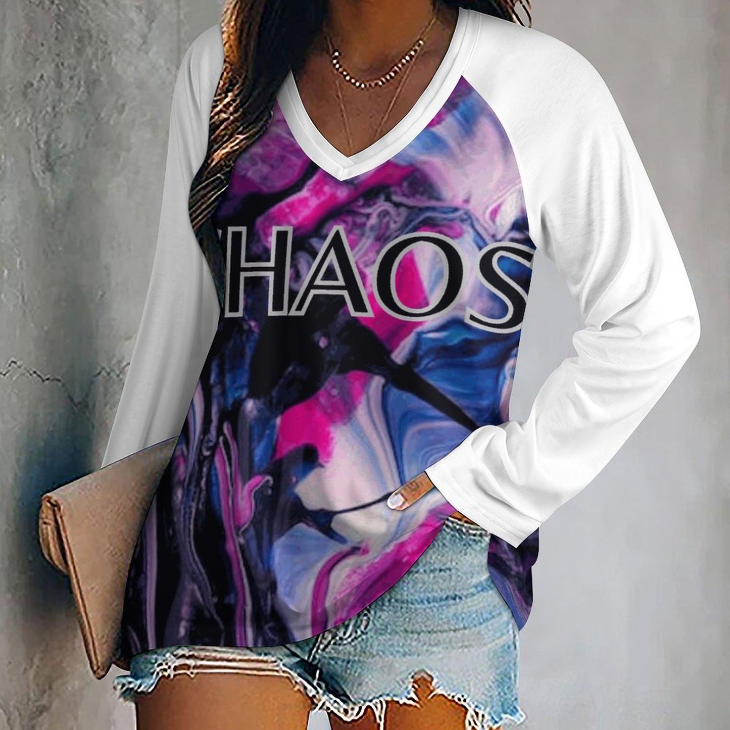 CHAOS V-neck Loose Long Sleeve T-shirt (SMALL-5XL)