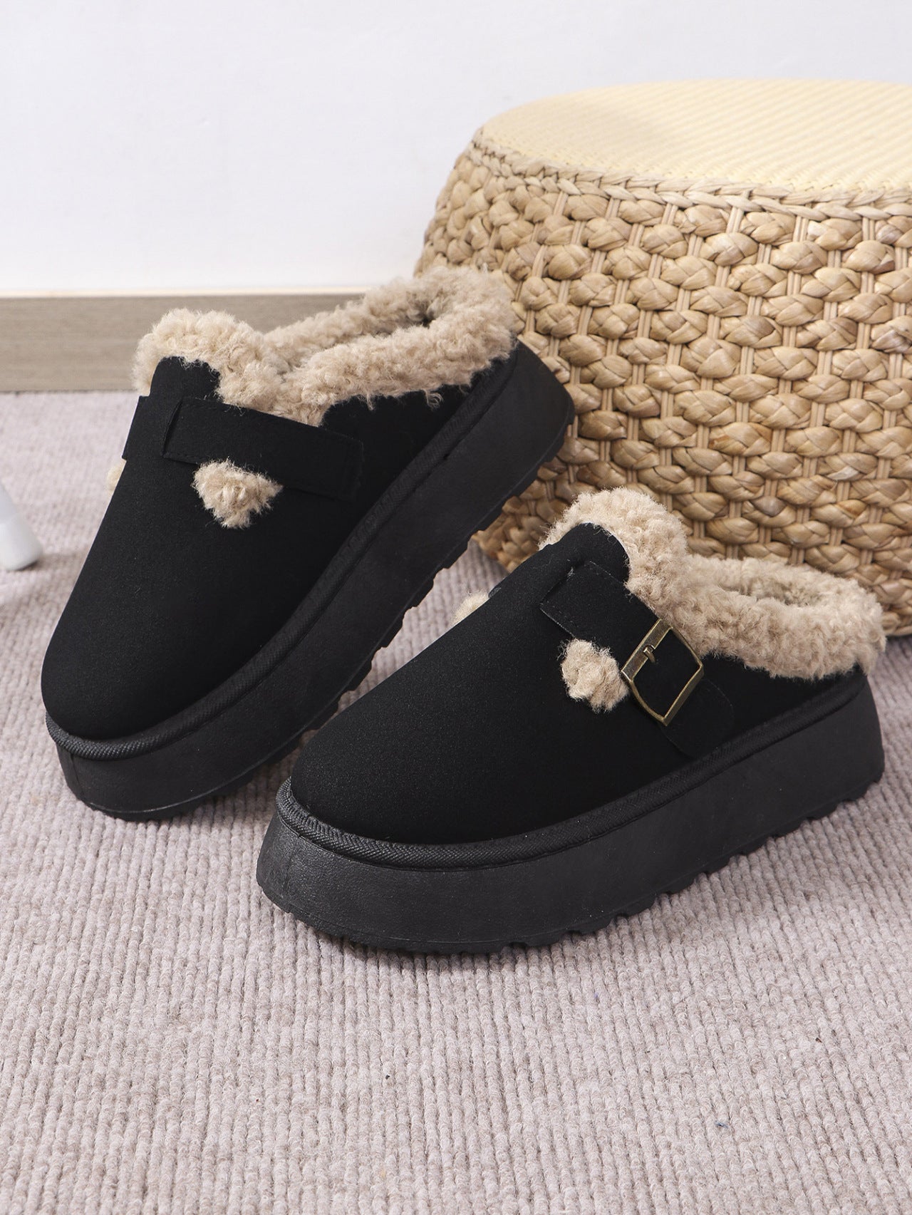 Thermal Fuzzy Buckle Platform Slippers (caramel/beige/black)