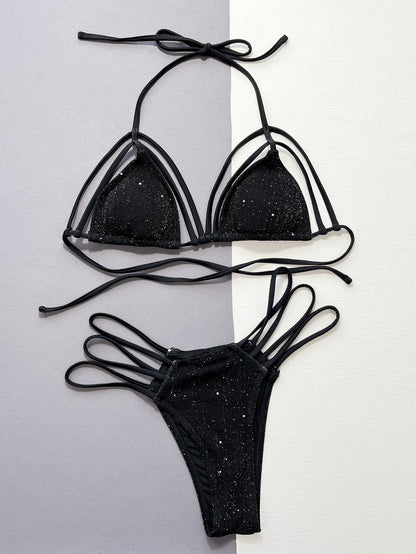 Glitter Halter Neck Strappy Two-Piece Bikini Set-S/M/L