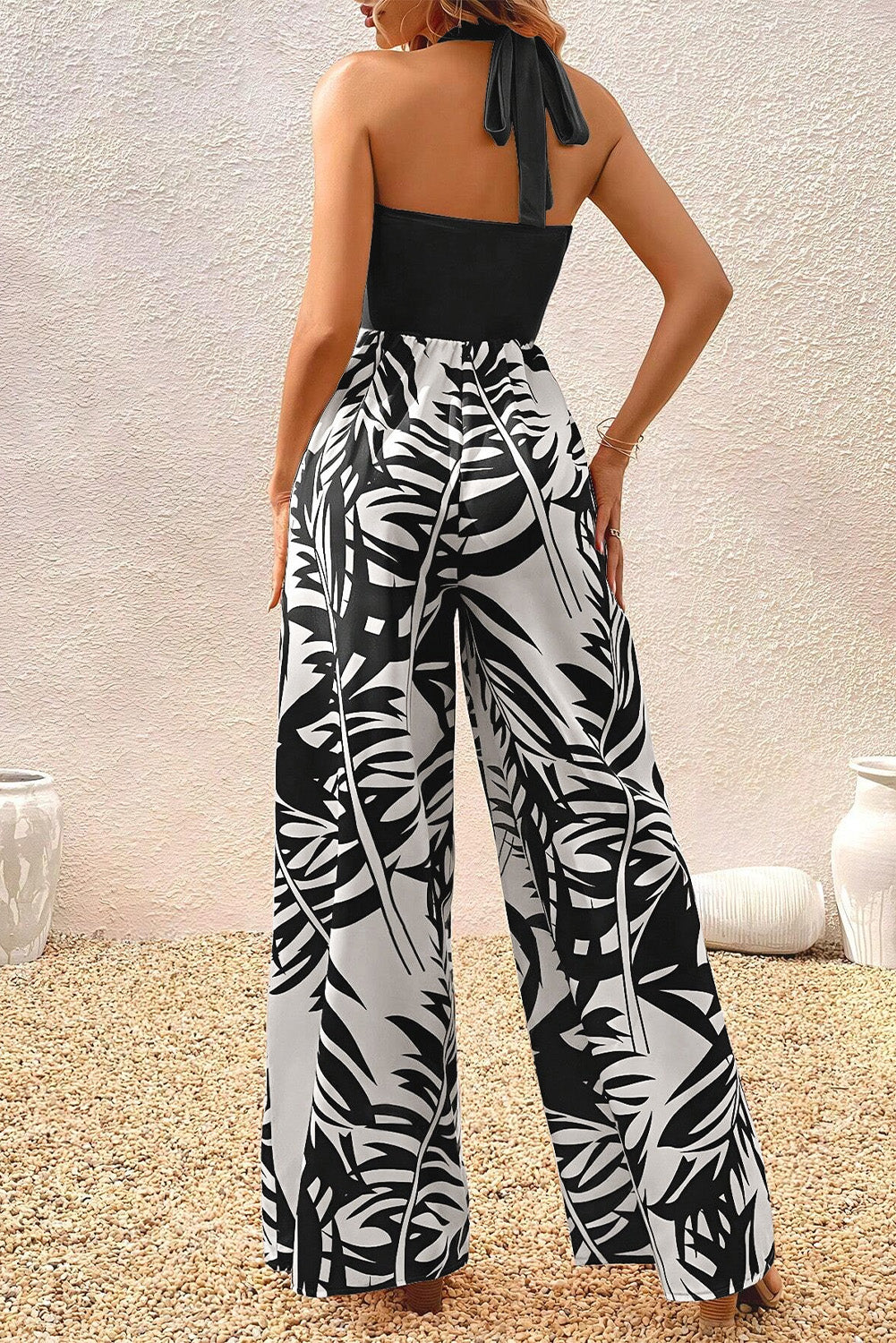 Printed Halter Wide Leg Jumpsuit-SMALL-XL