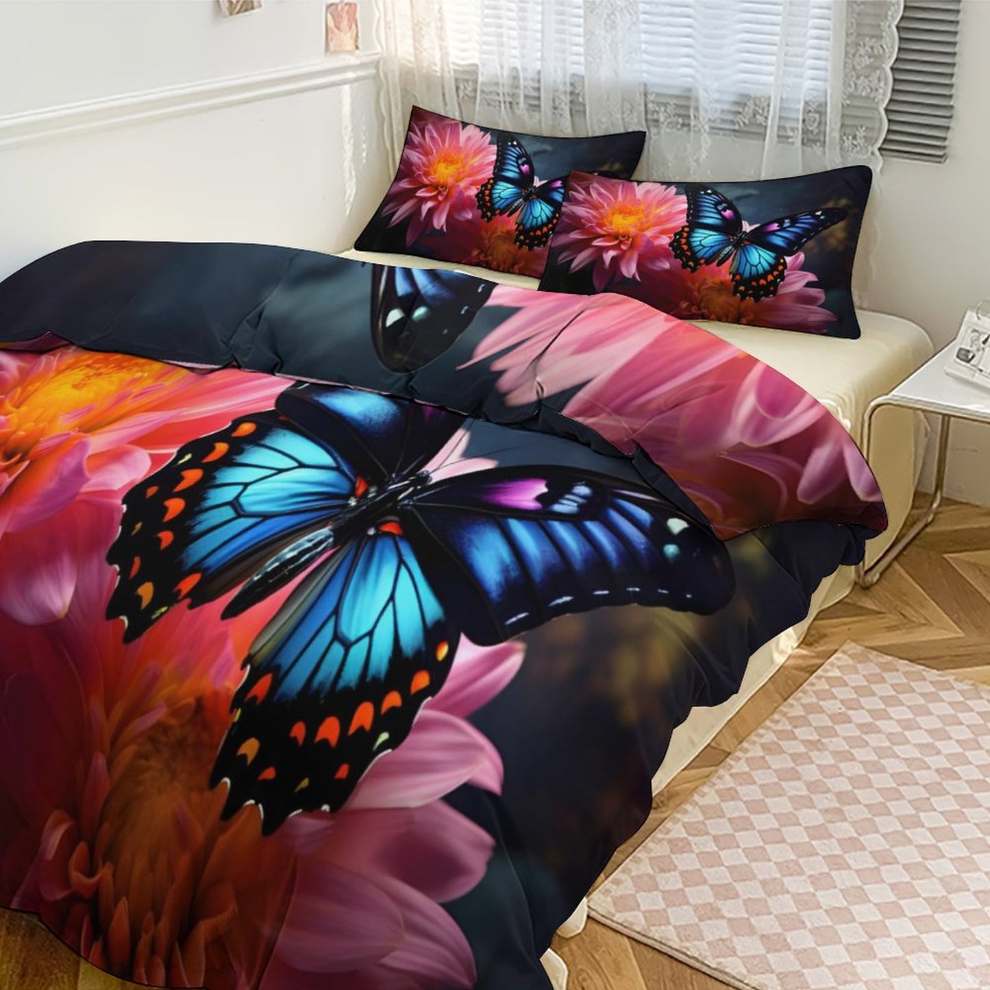 BLUE BUTTERFLY 3-Piece Bedding Set-86"×70"/ 218×177cm TWIN SIZE (Dual-sided Printing)