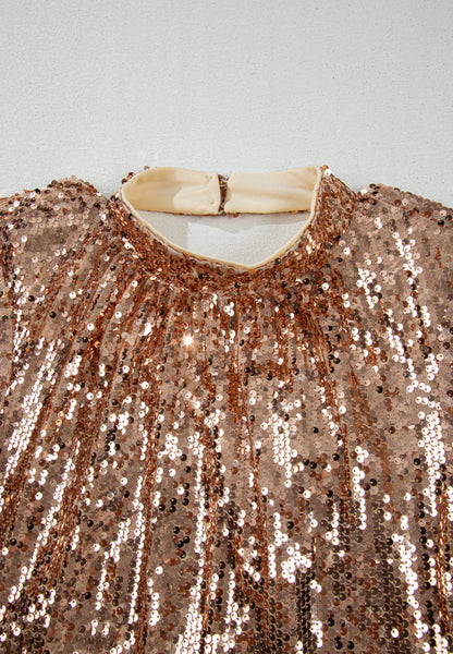Backless Sequin Mock Neck Long Sleeve Mini Dress-S-XL