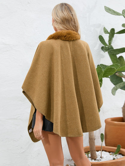 Fuzzy Trim Open Front Poncho (grey/black/green/cream/mocha/camel)